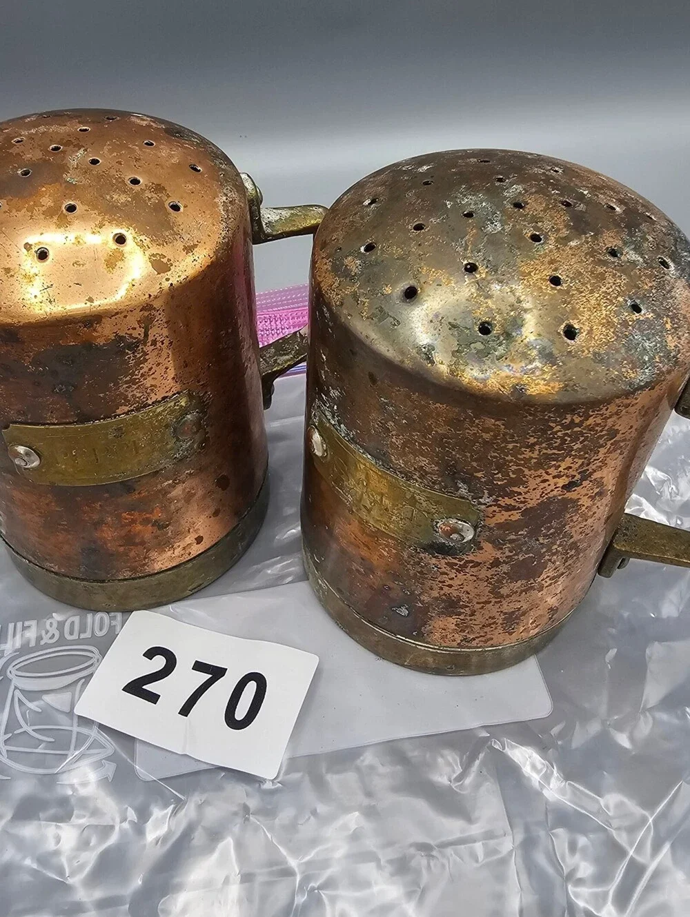 Vintage Copper and Brass Pepper Shakers Set of 2